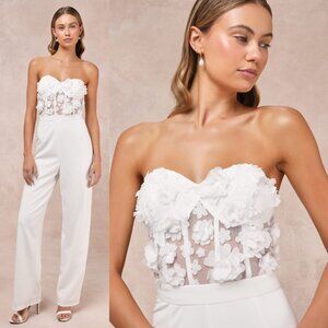 NWOT Lulus Fashionista Nights White Mesh 3D Floral Strapless Jumpsuit